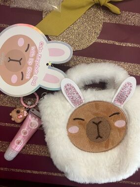✨ Capybara Plush Keychain Bag + Lip Gloss Set